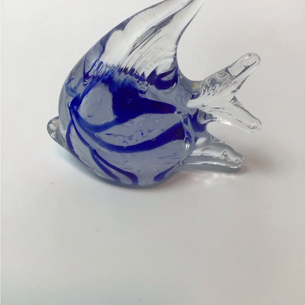 Vintage Murano Style Blue White Striped Glass Angelfish Paperweight Figurine